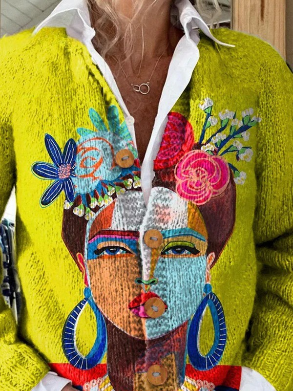Ola™ - Oil Painting Freda Portrait Art Printed Buttoned Cardigan