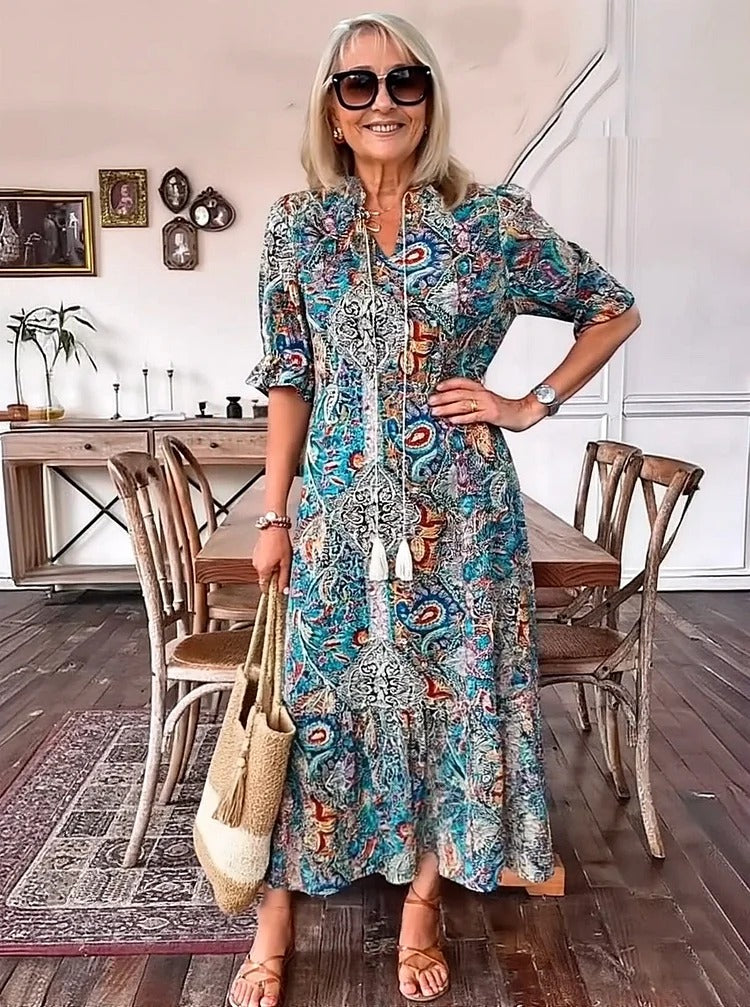 Mevelyn - Bohemian Paisley Tassel Tie Dress