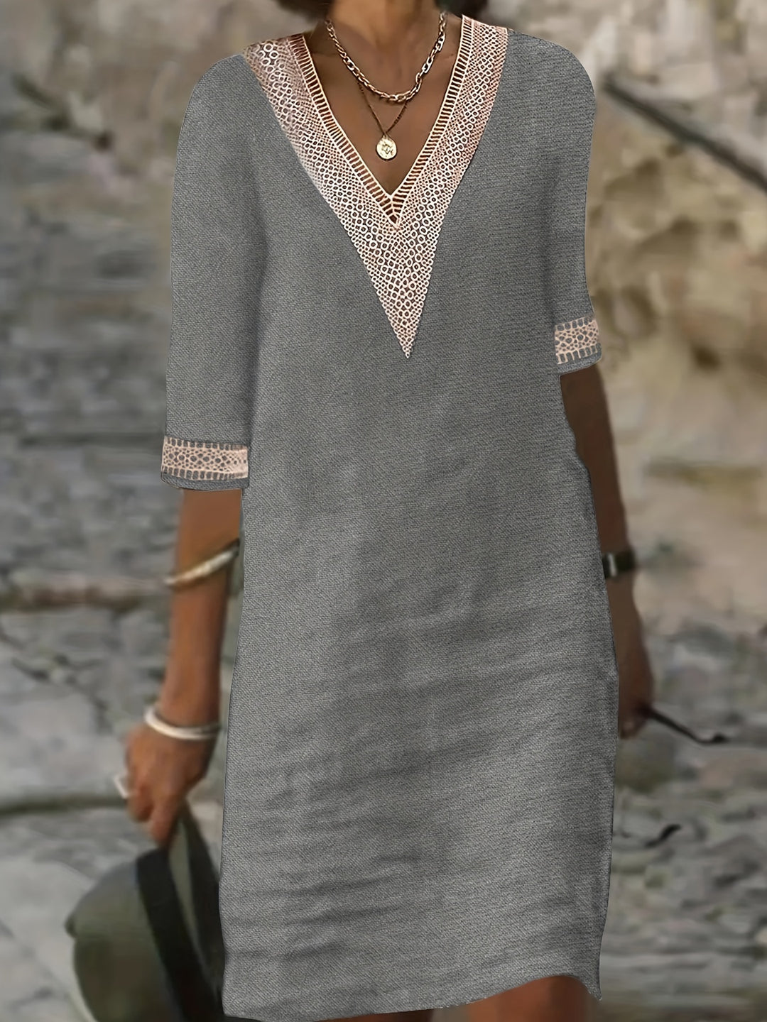 Wendy-V-Neck Lace Half-Sleeve Dress