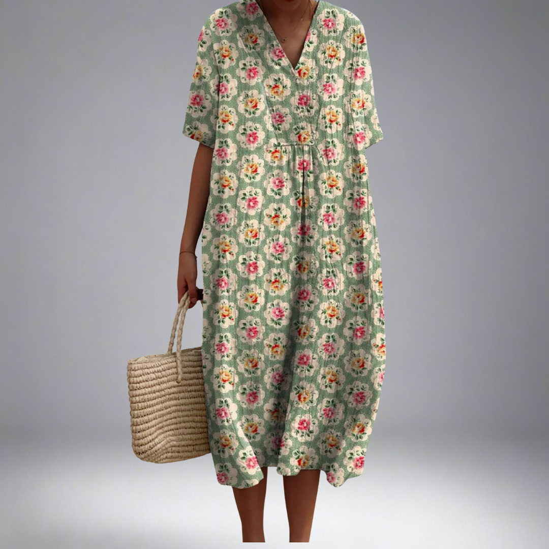 Jezzy- Vintage Floral Art Print Casual Flowy Dress
