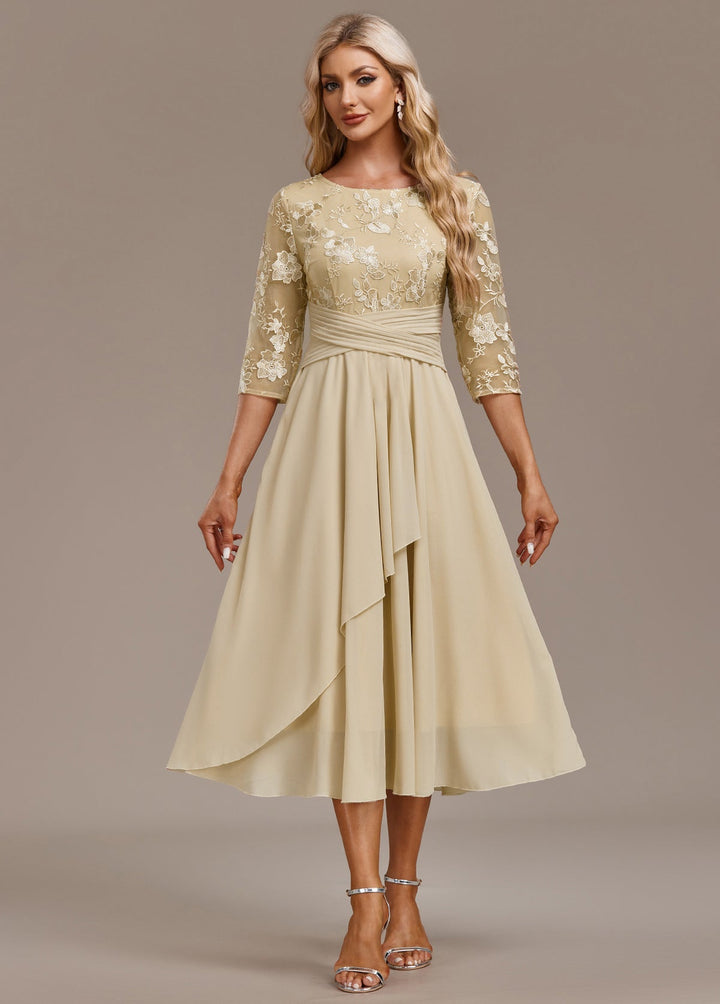 Karla™ | Champagne Embroidery 3/4 Sleeve Round Neck Dress