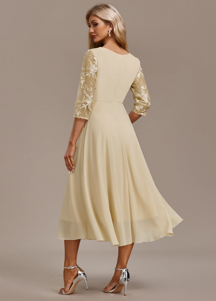 Karla™ | Champagne Embroidery 3/4 Sleeve Round Neck Dress