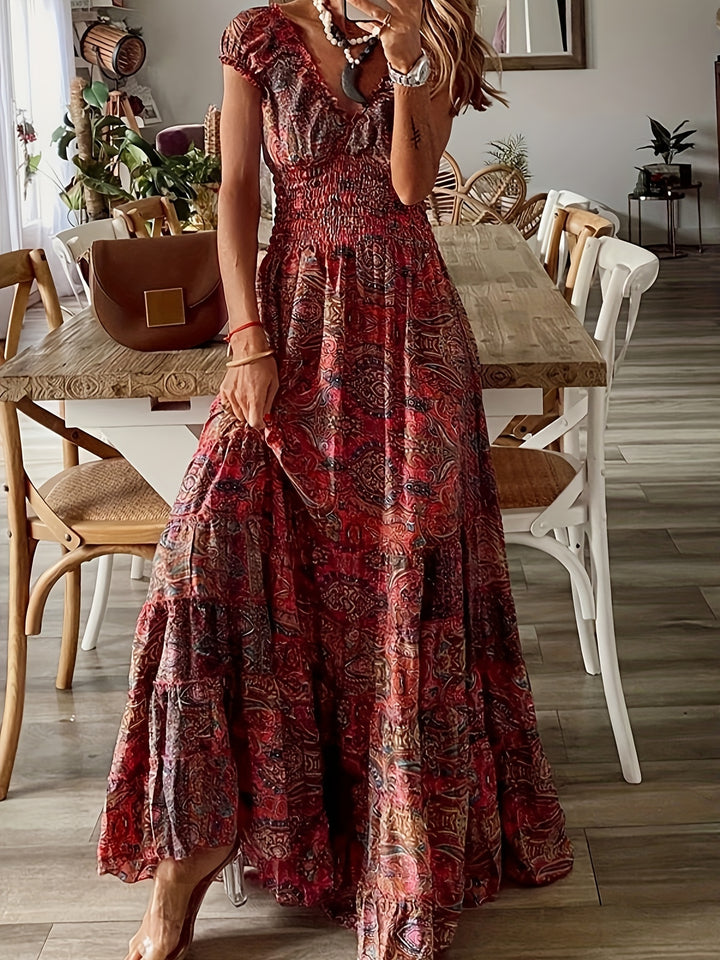 Joanne-Paisley Print Ruched Trim V-Neck Maxi Dress
