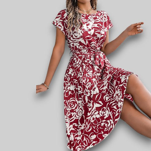 Monica | Elegant Floral Dress with Waist Belt
