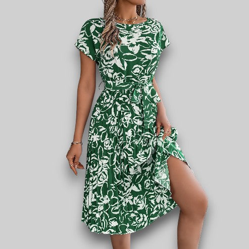 Monica | Elegant Floral Dress with Waist Belt