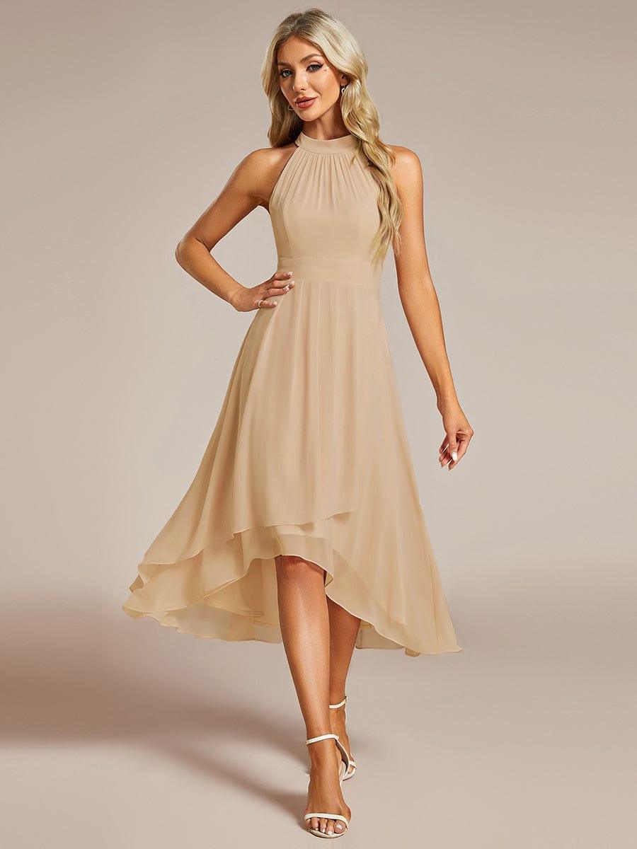 Roseta™-|Midi A Line Sleeveless Halter Neck Wedding Guest Dress in Chiffon