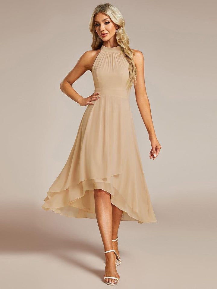 Roseta™-|Midi A Line Sleeveless Halter Neck Wedding Guest Dress in Chiffon