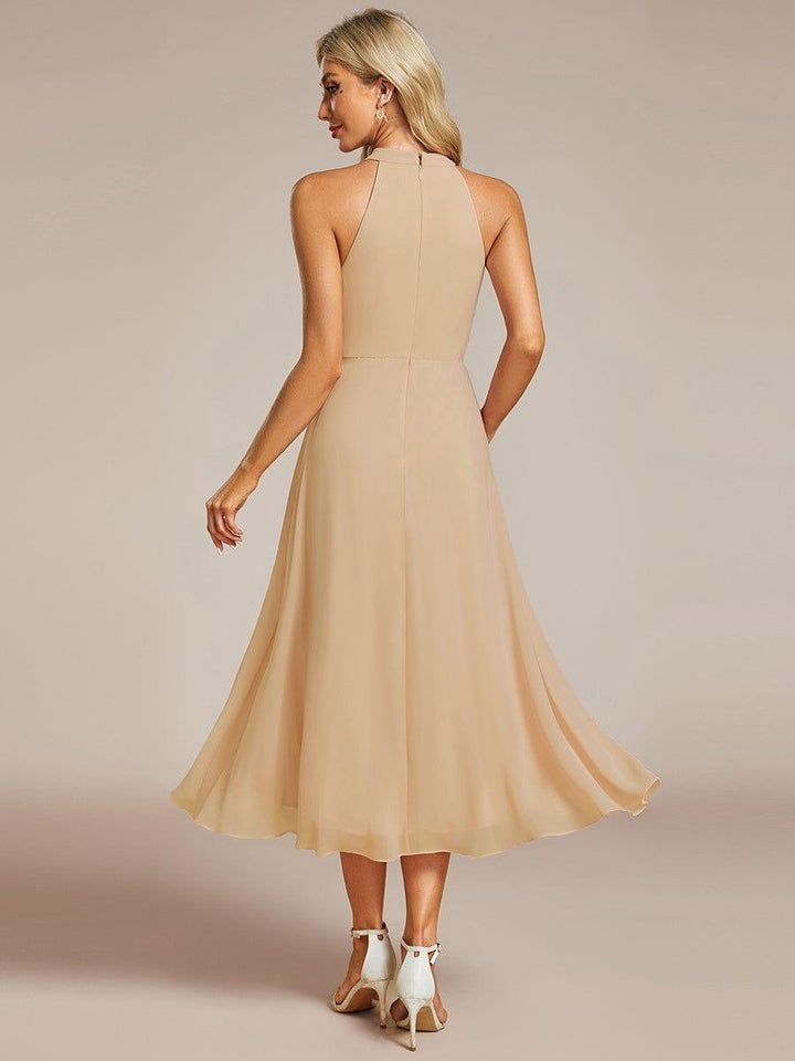 Roseta™-|Midi A Line Sleeveless Halter Neck Wedding Guest Dress in Chiffon