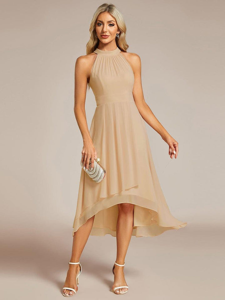 Roseta™-|Midi A Line Sleeveless Halter Neck Wedding Guest Dress in Chiffon