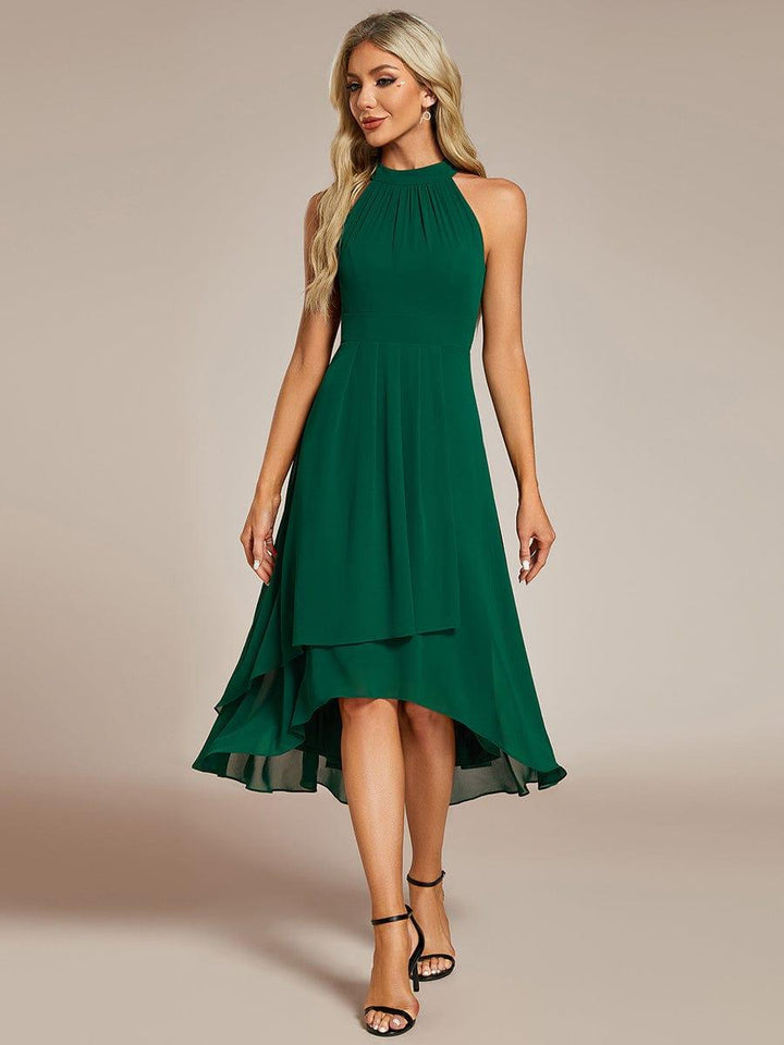 Roseta™-|Midi A Line Sleeveless Halter Neck Wedding Guest Dress in Chiffon