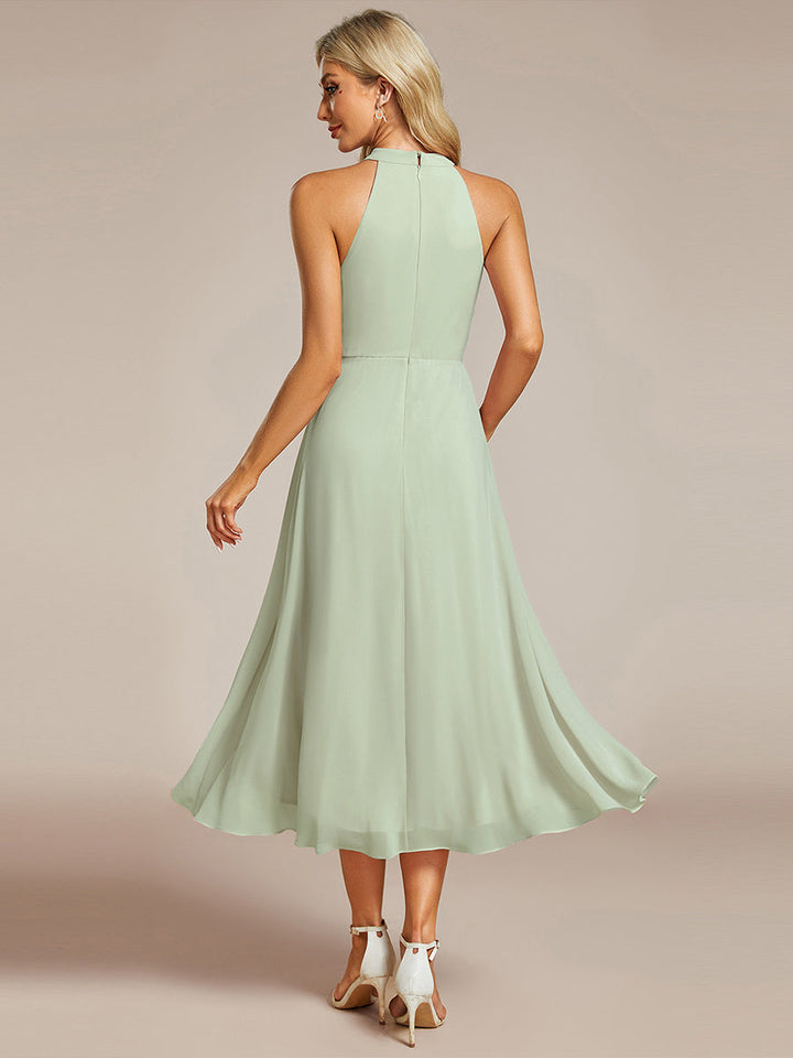 Roseta™-|Midi A Line Sleeveless Halter Neck Wedding Guest Dress in Chiffon