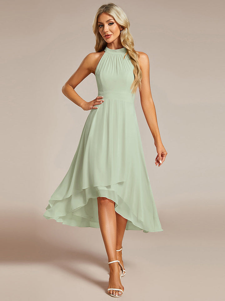 Roseta™-|Midi A Line Sleeveless Halter Neck Wedding Guest Dress in Chiffon