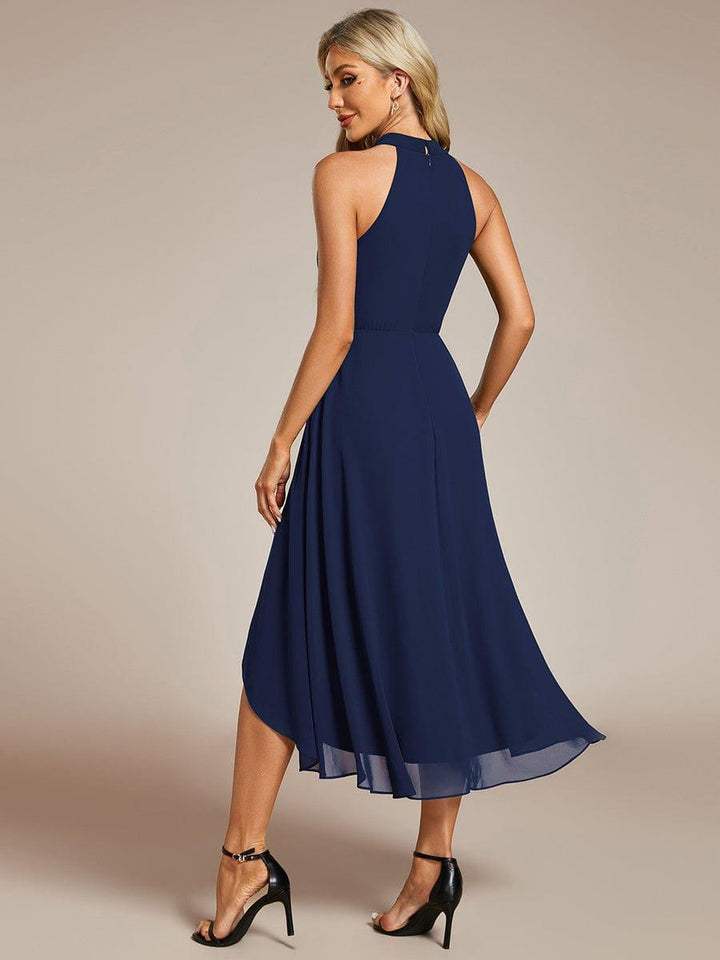 Roseta™-|Midi A Line Sleeveless Halter Neck Wedding Guest Dress in Chiffon