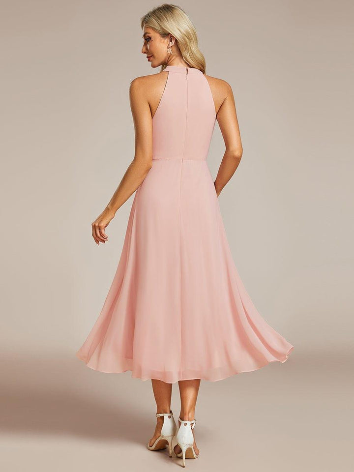 Roseta™-|Midi A Line Sleeveless Halter Neck Wedding Guest Dress in Chiffon