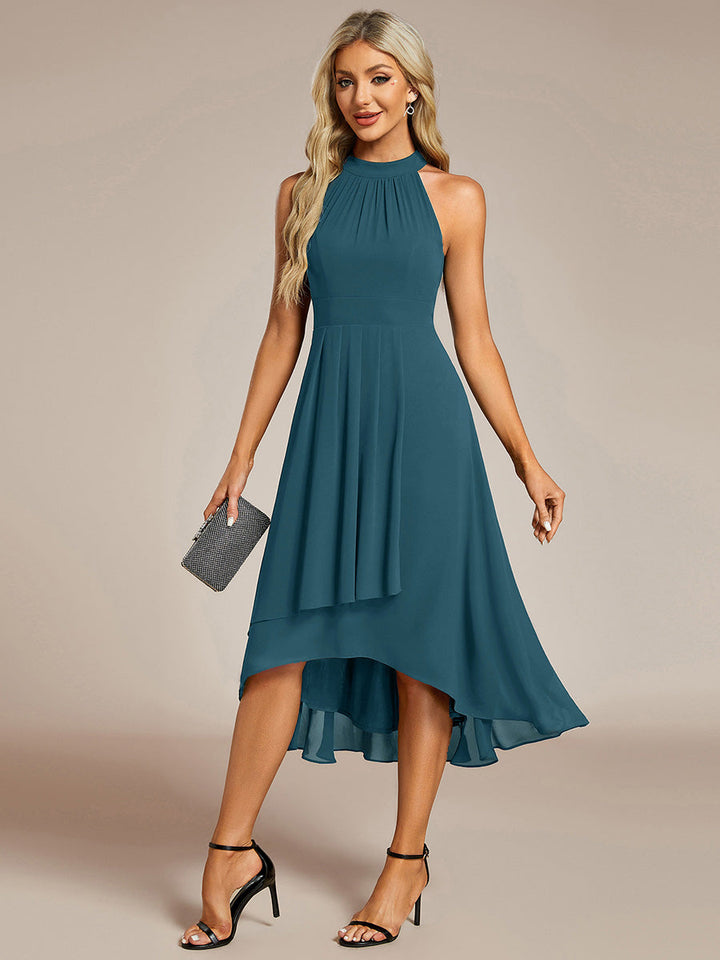 Roseta™-|Midi A Line Sleeveless Halter Neck Wedding Guest Dress in Chiffon