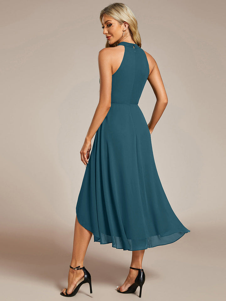 Roseta™-|Midi A Line Sleeveless Halter Neck Wedding Guest Dress in Chiffon