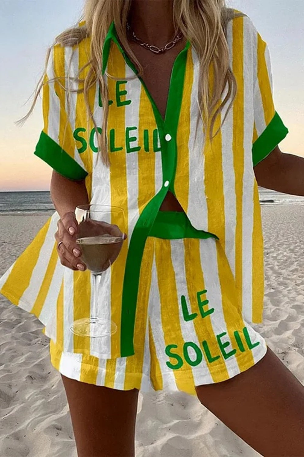 Halie™ | yellow striped linen short set