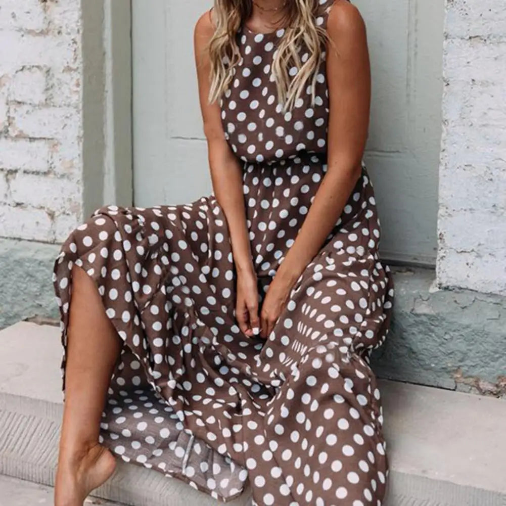 Seiva-Sleeveless Polka Dot Maxi Dress with Relaxed Fit