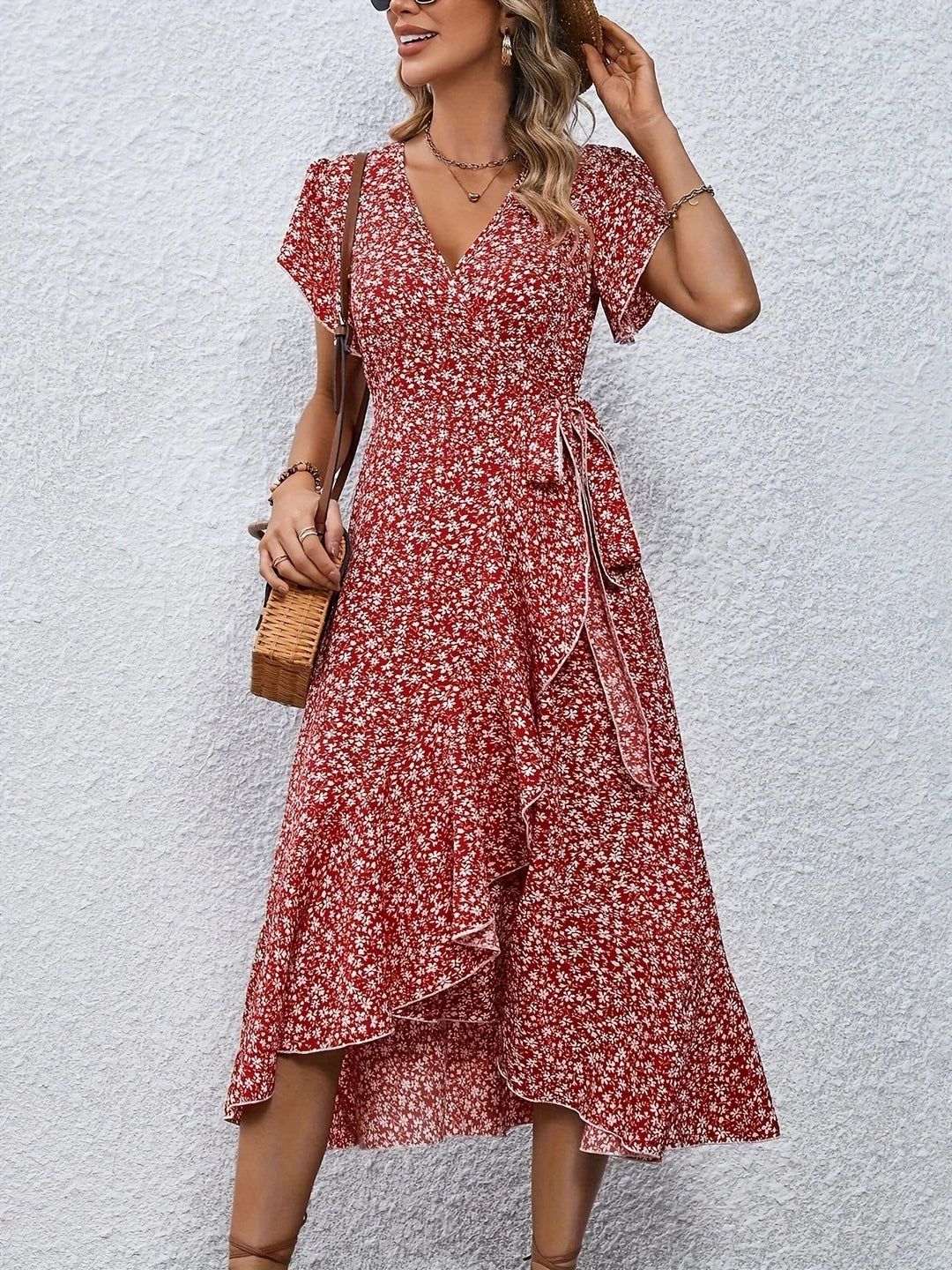 V-Neck Floral Mini Wrap Dress
