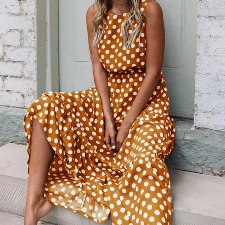 Seiva-Sleeveless Polka Dot Maxi Dress with Relaxed Fit