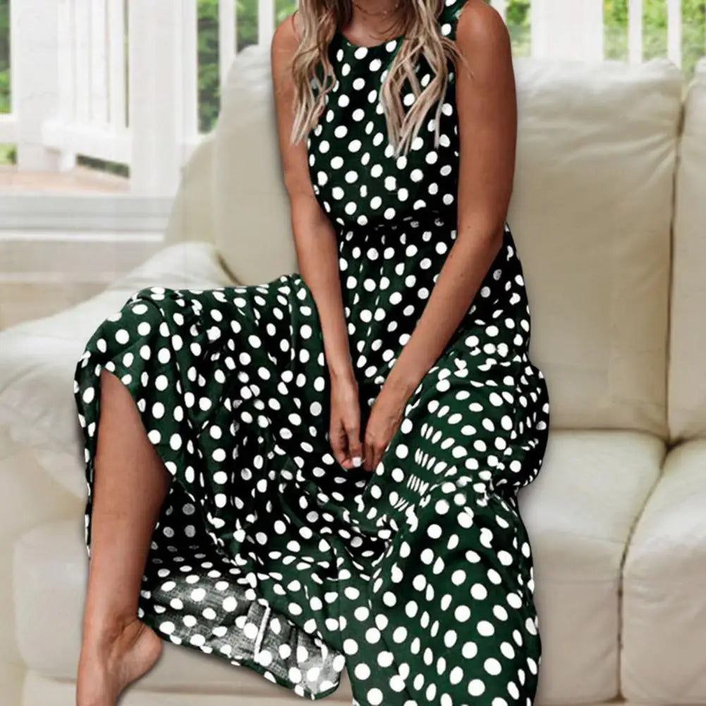 Seiva-Sleeveless Polka Dot Maxi Dress with Relaxed Fit