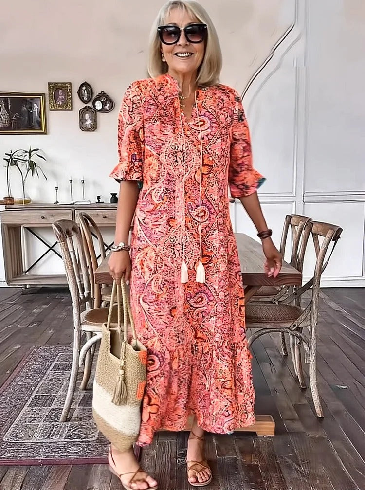 Mevelyn - Bohemian Paisley Tassel Tie Dress