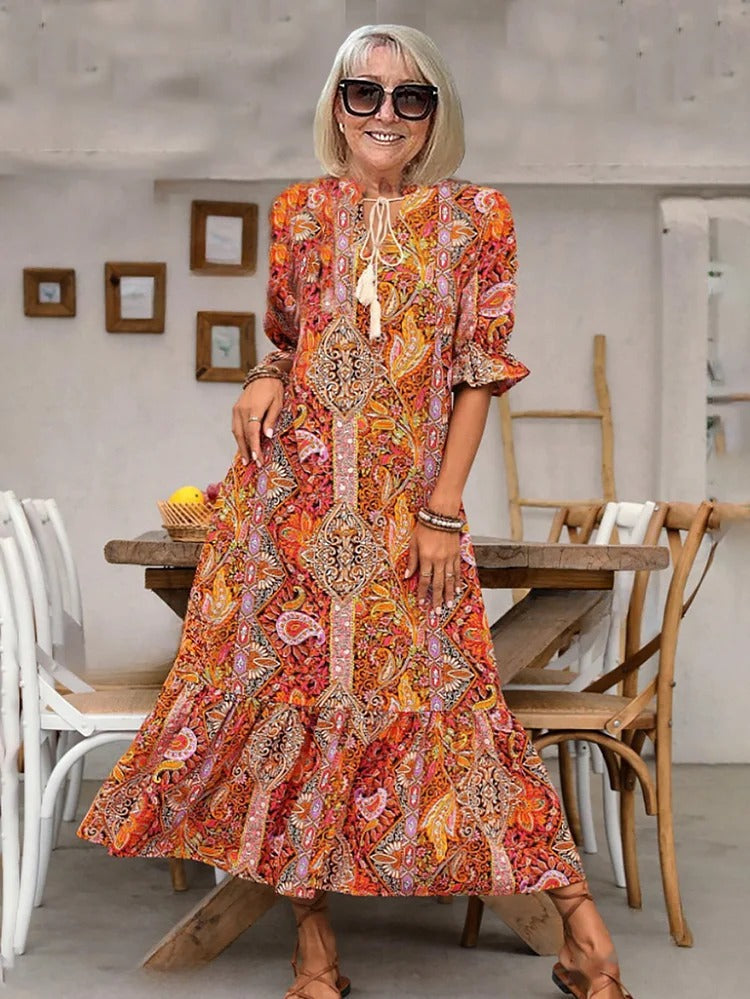 Mevelyn - Bohemian Paisley Tassel Tie Dress