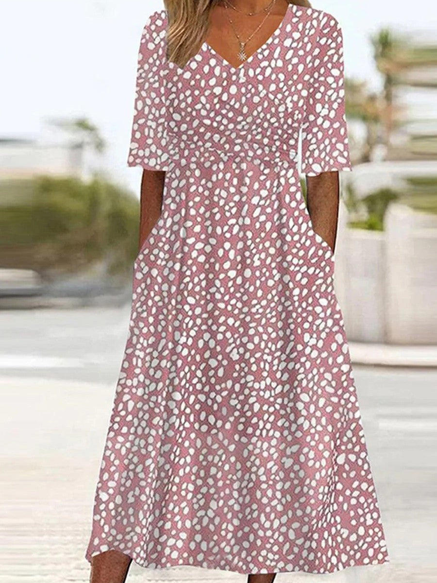Harper™-Pink Side Pocket V-neck Short Sleeve Summer Dress