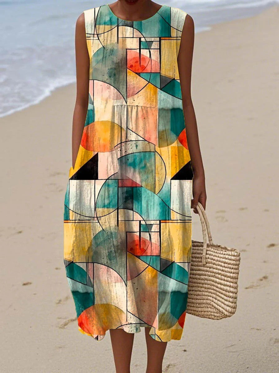 Gemma-Geometric Pattern Art Print Sleeveless Dress