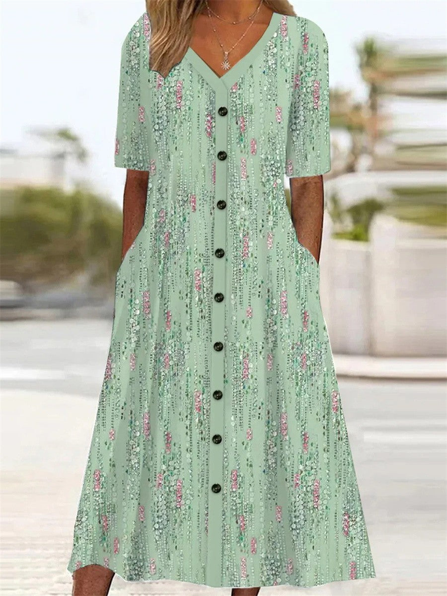 Sharon™-Short Sleeve Floral Printed V Neck Midi Dress