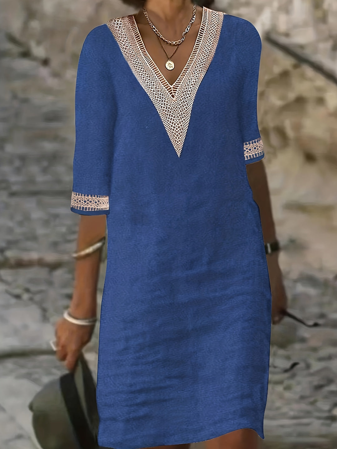 Wendy-V-Neck Lace Half-Sleeve Dress