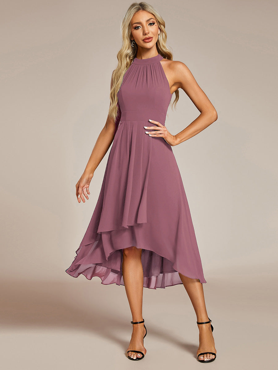 Roseta™-|Midi A Line Sleeveless Halter Neck Wedding Guest Dress in Chiffon