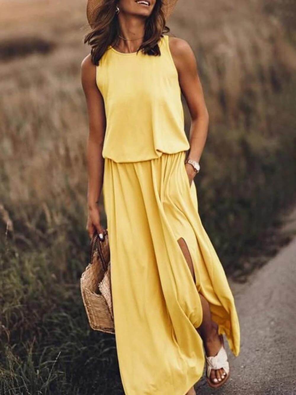 Lois™ Round Neck Sleeveless Slit Dress