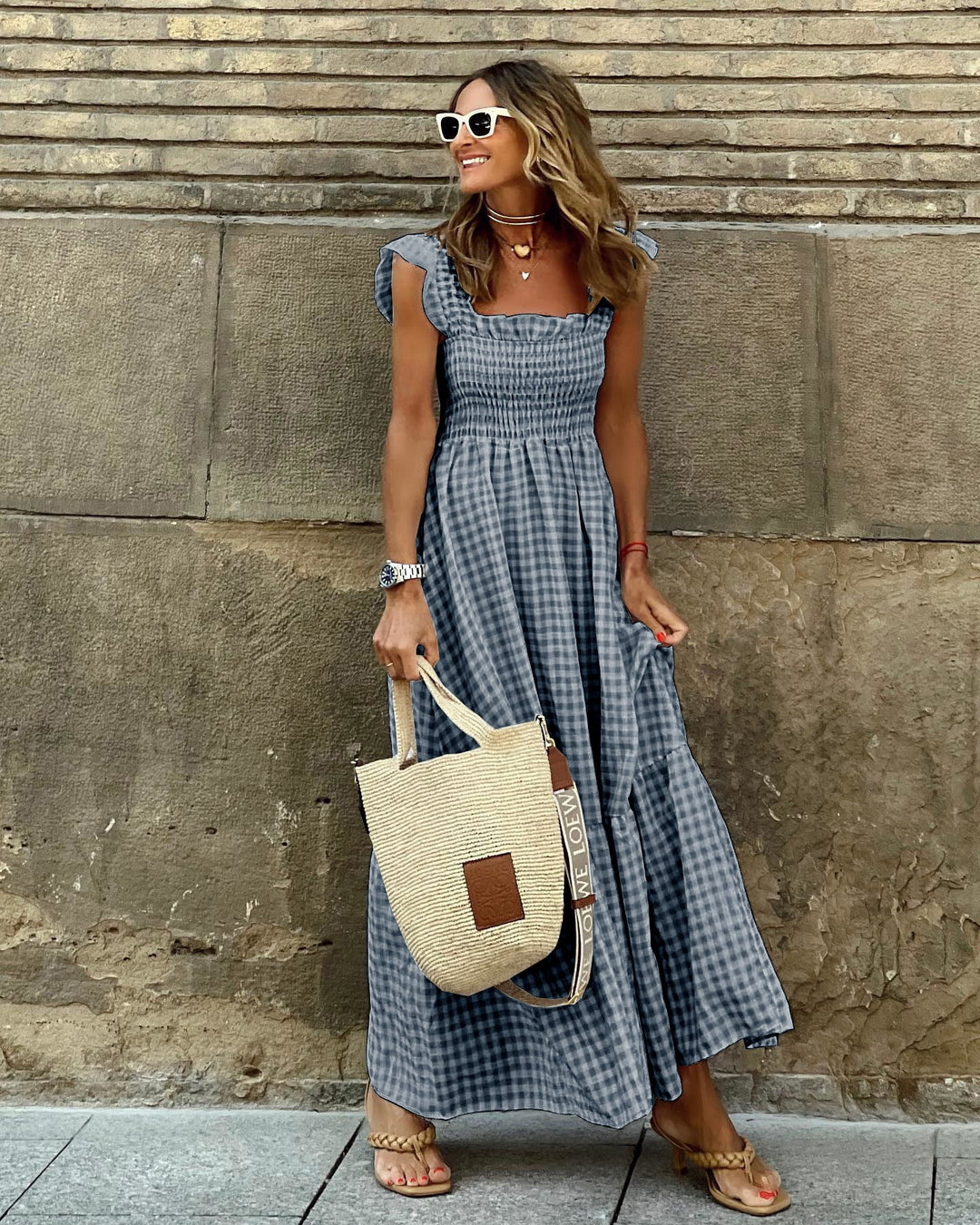 Porto-Ruffled-Sleeve Smocked Maxi Dress