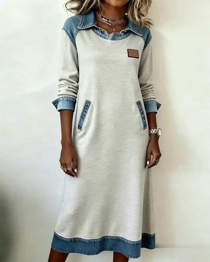 Anita™ Casual Denim Patchwork Lapel Dress