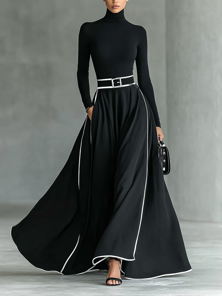 Alana™ Black Stitching White Trim High Collar Long Sleeve Tight Belt Maxi Dress