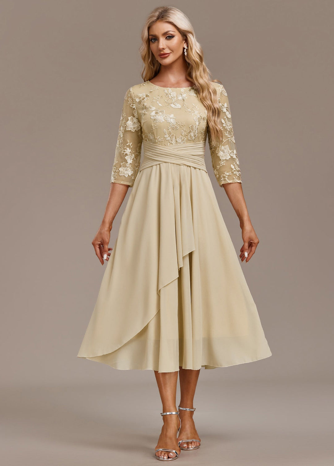Karla™ | Champagne Embroidery 3/4 Sleeve Round Neck Dress