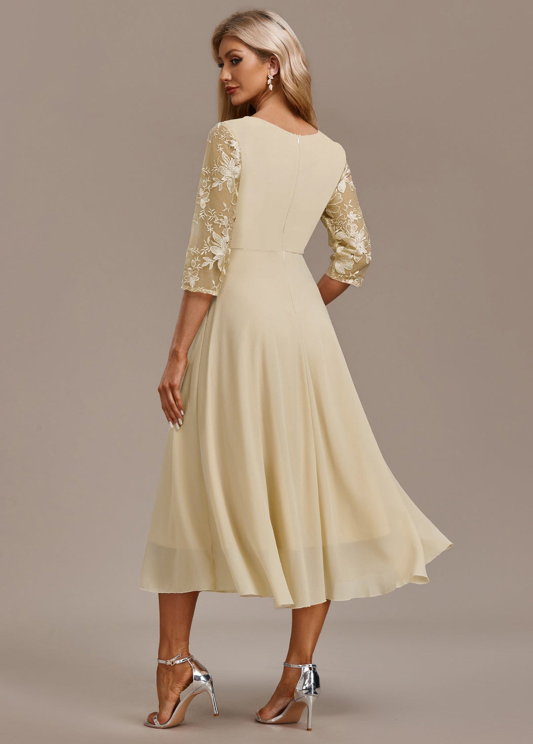 Karla™ | Champagne Embroidery 3/4 Sleeve Round Neck Dress