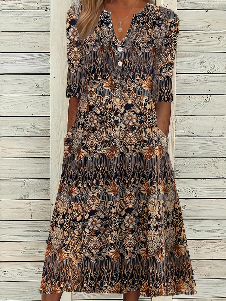 Venitia™-Vintage Floral Print Midi Dress