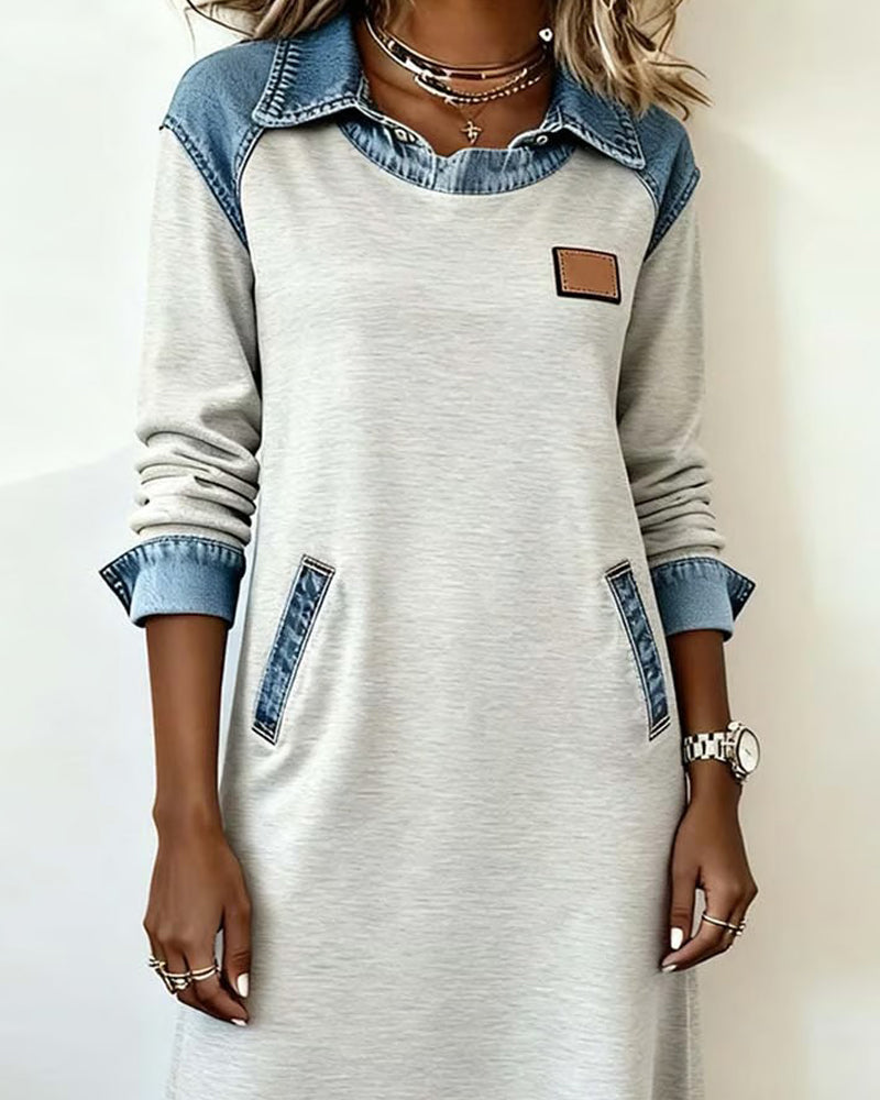 Anita™ Casual Denim Patchwork Lapel Dress