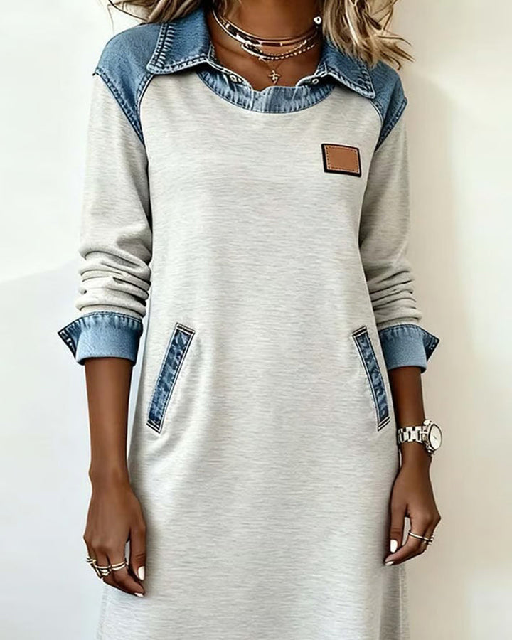 Anita™ Casual Denim Patchwork Lapel Dress