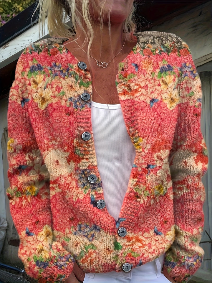 Verity-Vibrant Floral Print Button-Front Cardigan