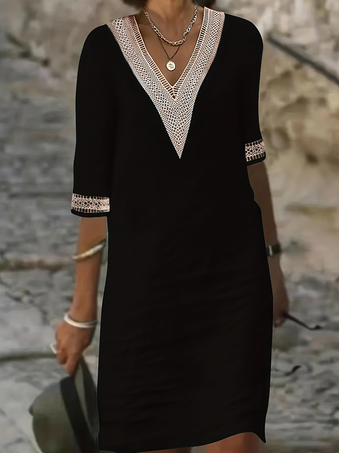 Wendy-V-Neck Lace Half-Sleeve Dress