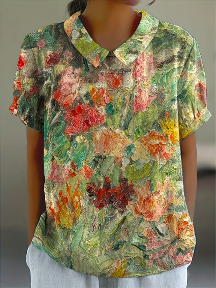Violet-Vintage Floral Print Short Sleeve Shirt