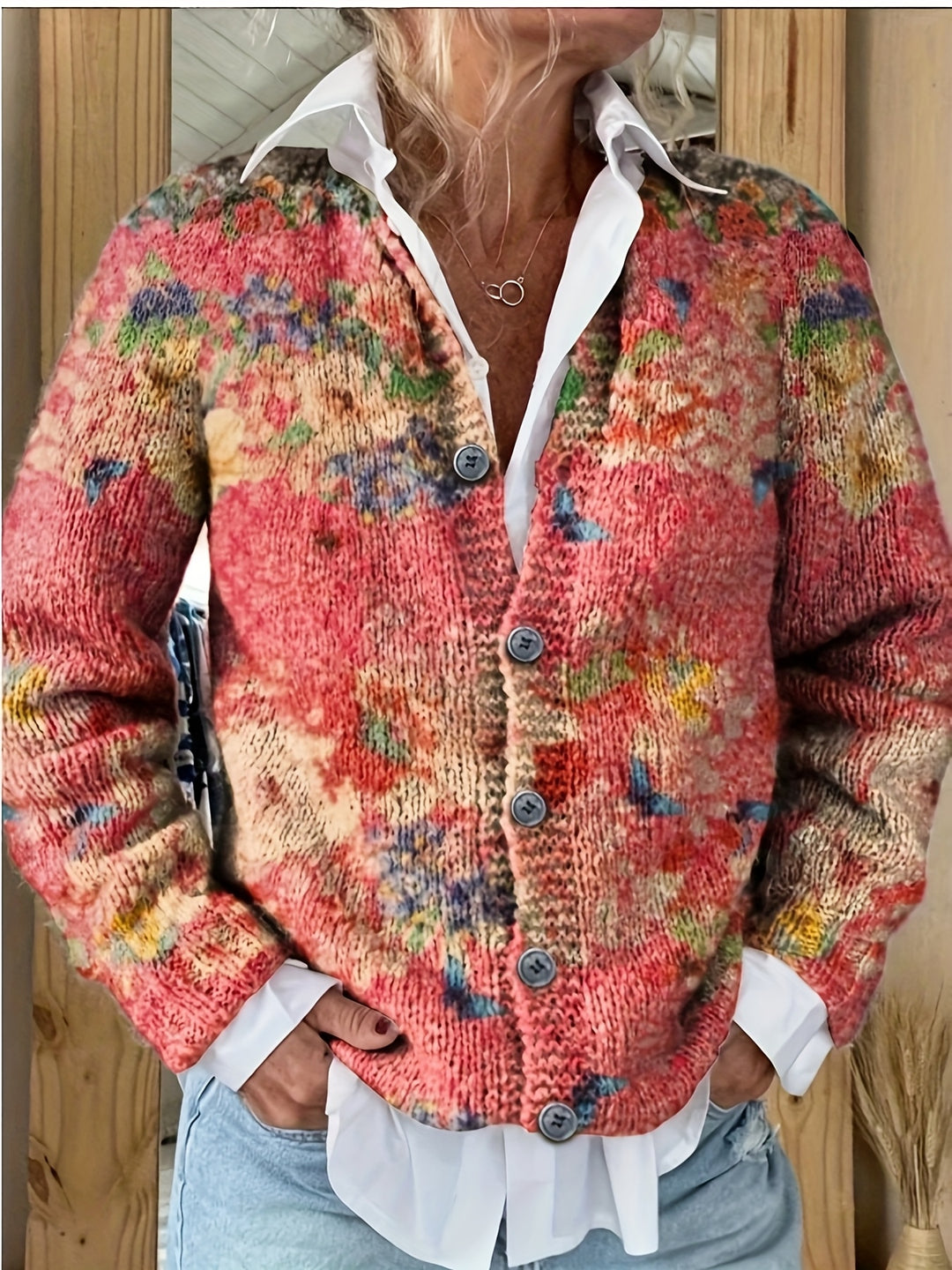 Verity-Vibrant Floral Print Button-Front Cardigan