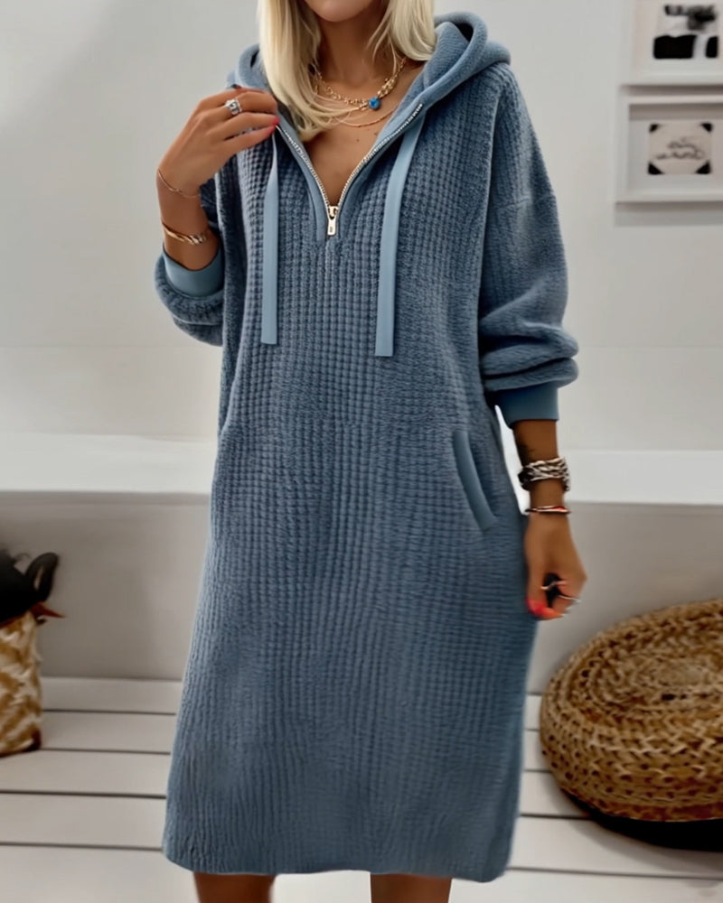 Frannie™-Casual Hooded Honeycomb Knit Fleece Dress