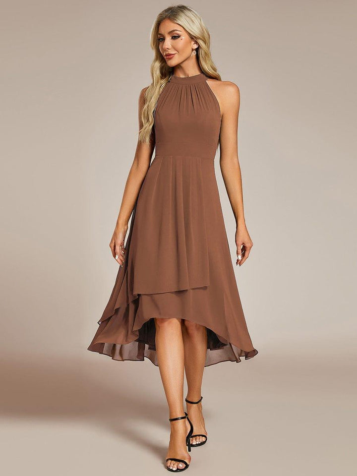 Roseta™-|Midi A Line Sleeveless Halter Neck Wedding Guest Dress in Chiffon