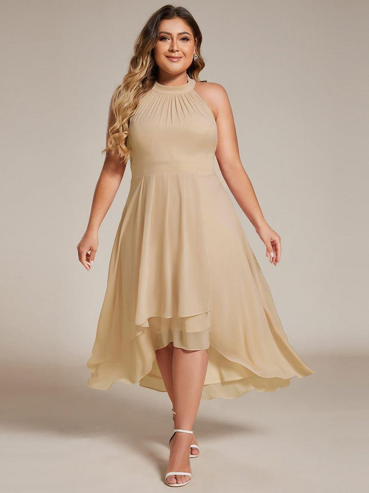 Roseta™-|Midi A Line Sleeveless Halter Neck Wedding Guest Dress in Chiffon