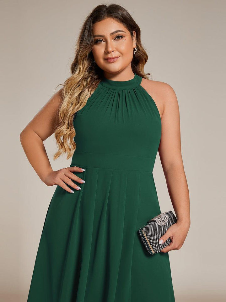 Roseta™-|Midi A Line Sleeveless Halter Neck Wedding Guest Dress in Chiffon
