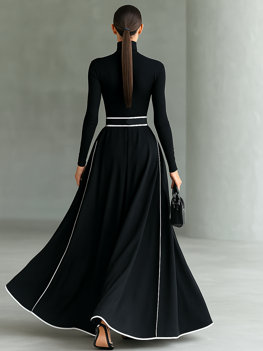 Alana™ Black Stitching White Trim High Collar Long Sleeve Tight Belt Maxi Dress
